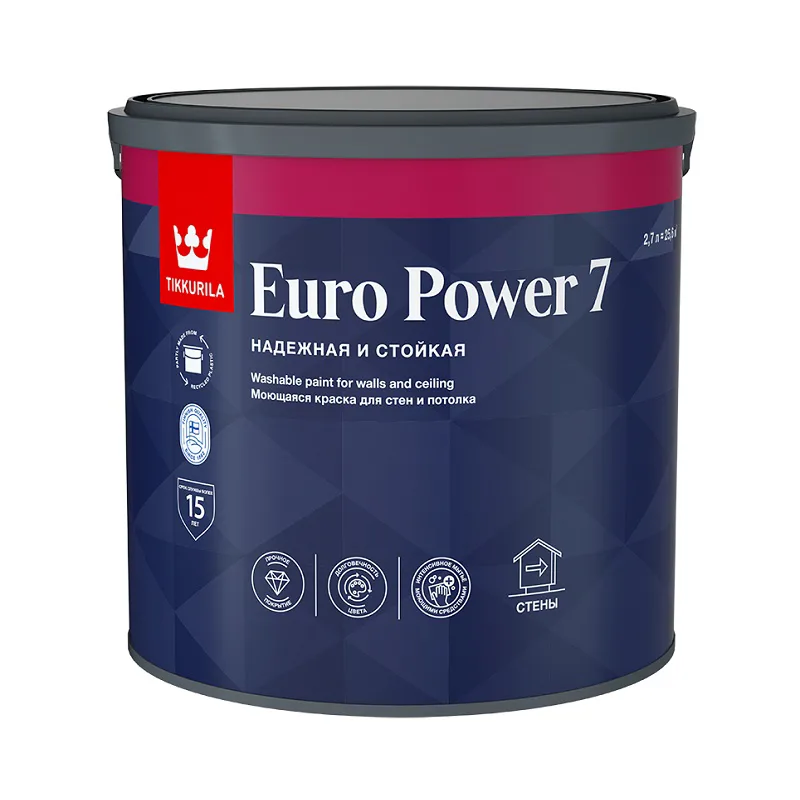 Краска моющаяся Tikkurila/Tikkivala Euro Power 7 основа А матовая (2,7 л)