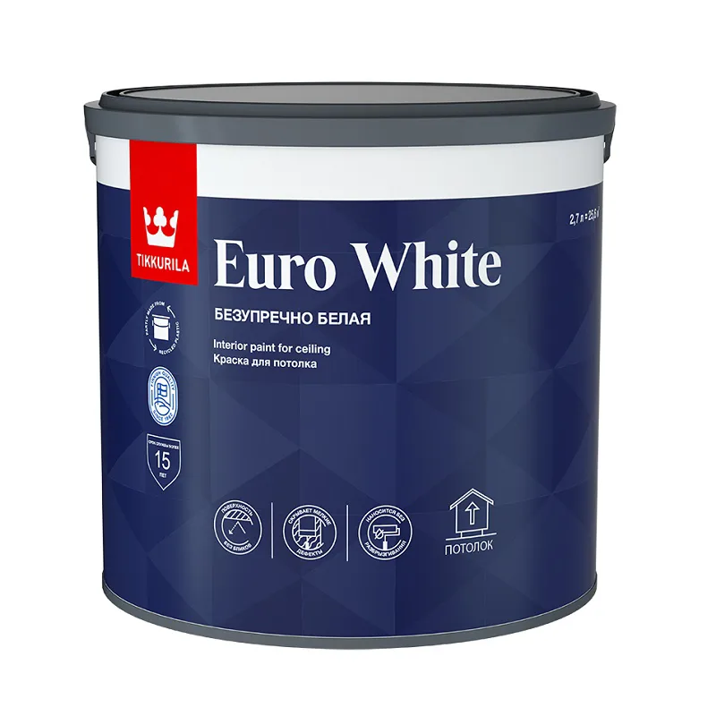 Краска для потолка Tikkurila/Tikkivala Euro White белая глубокоматовая (2,7 л)